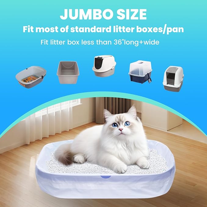 60 Pack Jumbo Cat Litter Bags - 3MIL Extra Thick Leakproof Litter Box Liners, 37"x18" Heavy Duty Drawstring Cat Litter Liners for Automatic Litter Box, Odor Control Disposable Kitty Litter Bags 6 Roll