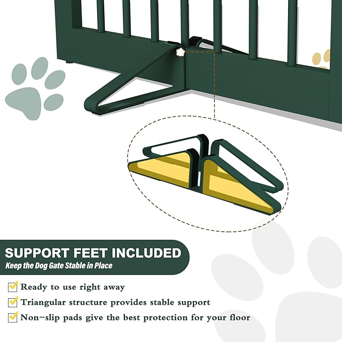 Freestanding Pet Gate for Dogs, Foldable Wooden Dog Gate for House, Stairs, Doorways, Step Over Pet Puppy Safety Fence,Support Feet Included,24" Height 2 Panels, Green