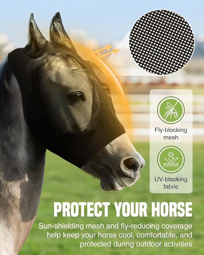 JWODVNTH Fly Masks for Horses with Ears - Large Eye Space, Comfort, UV-Block - Horse Fly Mask for Daily Stable, Hot Weather Riding, and Competition - X-Full, Black