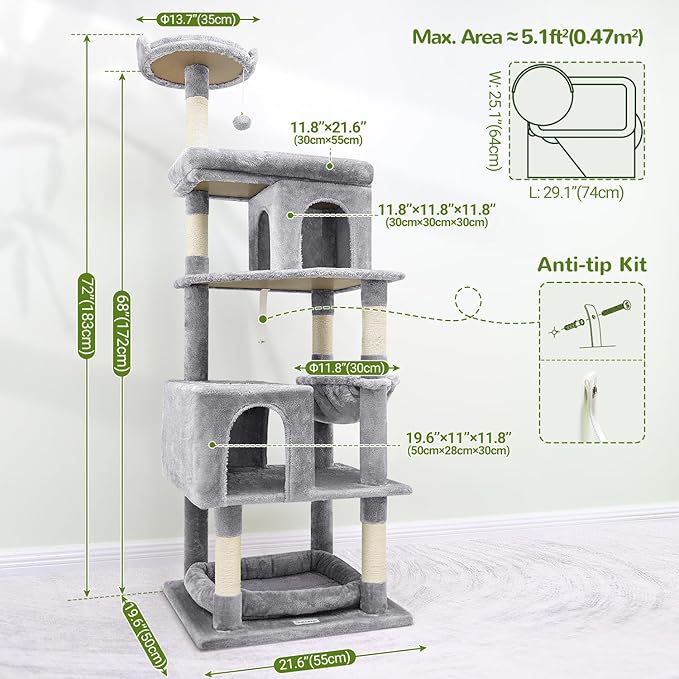 Globlazer Heavy Duty Cat Trees for Large Cats, Sturdy 72in Maine Coon Cat Tree for Large Cats 20 lbs+ Heavy Duty Cat Tower for Adult Biggest Cat with 6 Scratching Posts, Hammock, S72, Light Grey