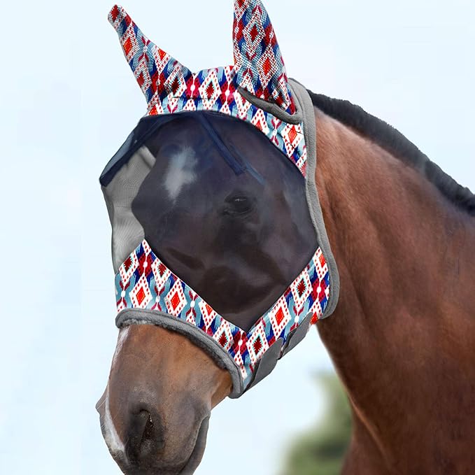 Harrison Howard LumiVista Horse Fly Mask Standard with Ears UV Protection for Horse Tribal Rhombus L Full Size