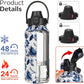 Water Bottle Insulated 32oz 40oz 64oz 128oz Straw Lid Spout Lid & 3 Lids, Leak Proof, Vacuum Insulated,Stainless Steel Water Bottle Wide Mouth for Sports, Gym or Office