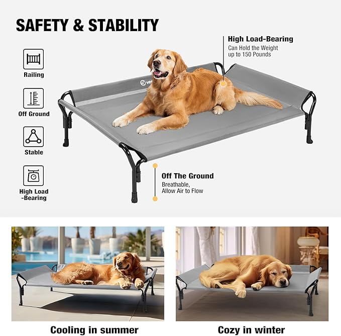 Veehoo Cooling Elevated Dog Bed, Raised Pet Cot with Guardrail & Slope Headrest, Durable Breathable Teslin Mesh, Non-Slip Feet, Washable Dog Couch Bed for Indoor & Outdoor, Medium 39.5" x 28", Gray