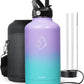 BUZIO 64oz Insulated Water Bottle Stainless Steel Double Wall Leak Proof Half Gallon with Straw Lid and Flex Cap (Cold for 48 Hrs) Sports Flask Metal Travel Mug for Hiking, Camping, Purple Green