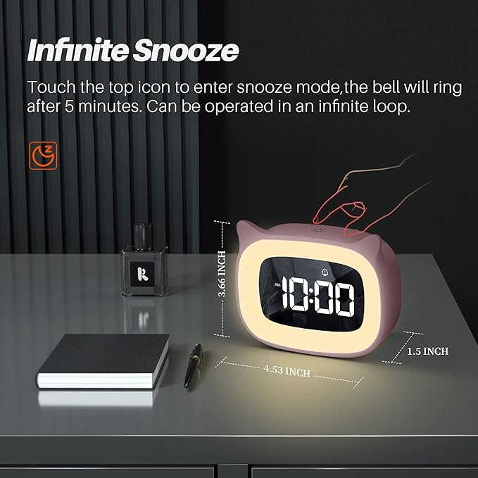 Kids Alarm Clock with Night Light & 18 Ringtones,Rechargeable,Cute Cat Ear Clock for Boys Girls Birthday Presents,Digital Clock for Children's Bedroom(Pink)
