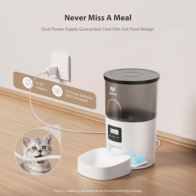 Automatic Cat Feeders, 3L Timed Cat Dry Food Dispenser, Dual Power Supply, Programmable Portion Size, Auto Pet Feeder for Cats and Small Dogs