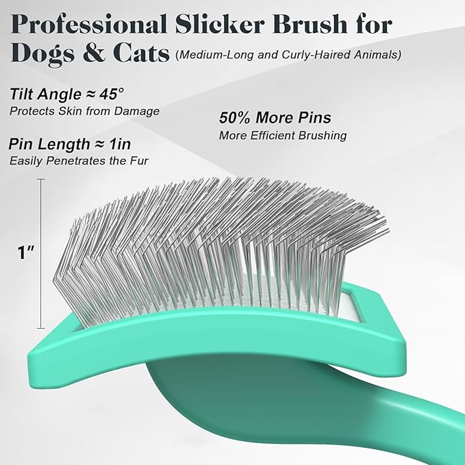 2PCS Slicker Brush for Dogs & Pet Comb,Professional Dog Grooming Brush (Goldendoodles,Poodles,Labradoodles) with Extra Long Pins to Effectively Remove Tangles, Knots and Mats (Cyan)
