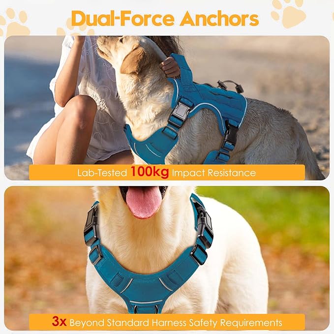 Heavy-Duty Tactical Dog Harness for Large Dogs, No Pull Adjustable Reflective Pet Vest with Molle System, K9 Military-Grade Control for Service Training, Outdoor & 10+ Breeds, Blue, Medium