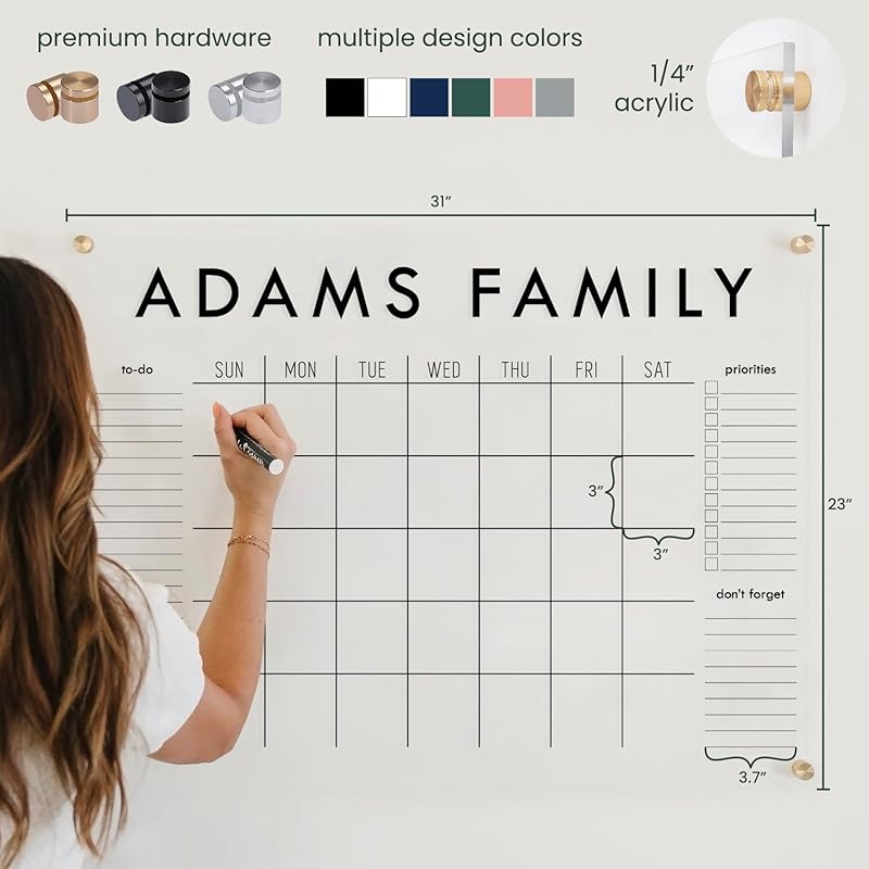 Personalized Clear Acrylic Calendar for Wall, Calendar Whiteboard for Wall, Dry Erase Wall Calendar, Wall Calendar Organizer System for Home (Block, Blush, 31"W x 23"H)