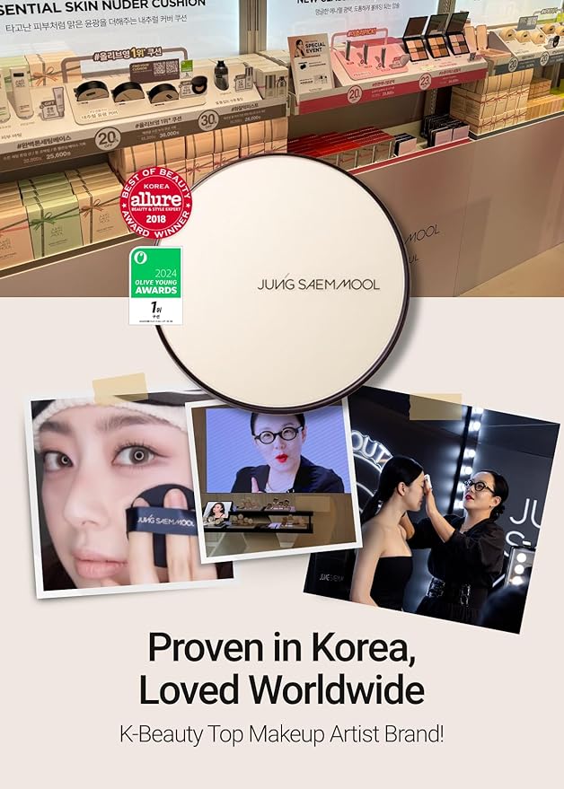 [JUNGSAEMMOOL OFFICIAL] Essential Skin Nuder Cushion (04 N Light) | Refill not Included | Natural Finish | SPF50 Broad Spectrum | Korean Makeup Artist Brand | Foundation Makeup