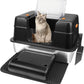 Vivifying Stainless Steel Litter Box, XL Side Entry Extra Large Litter Box with Lid for Big Cats & Kitty, Removable Enclosed Metal Cat Pan with High Sided Enclosure, Scoop, Mat, Footboard (Black)