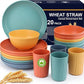 HOTEC 20-Pack Unbreakable Kitchen Plastic Wheat Straw Dinnerware Set – BPA-Free Plates, Bowls & Cups | Lightweight, Microwave & Dishwasher Safe | Multicolor Reusable Tableware for Home & Outdoor Use