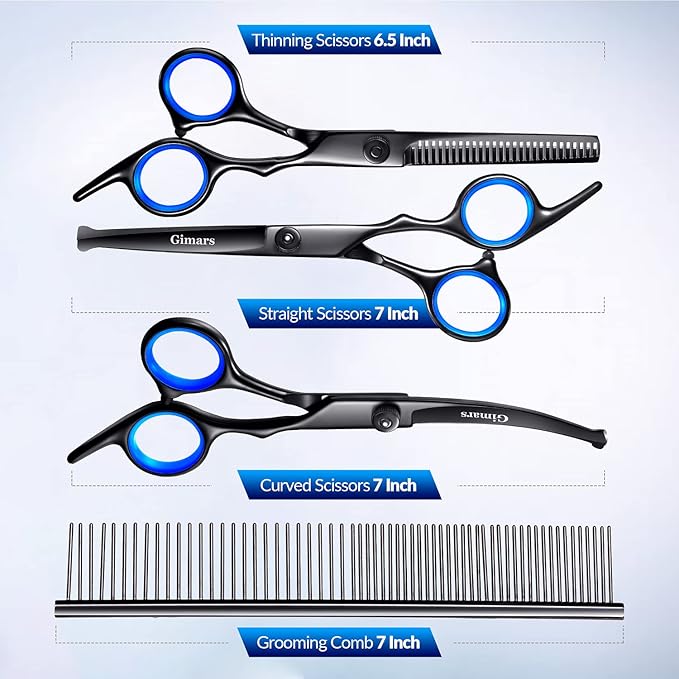 Gimars Dog Grooming Scissors Kit Professional 4CR with Safety Round Tip, 5 in 1 Heavy Duty Titanium Coated Thinning & Curved & Straight Shears