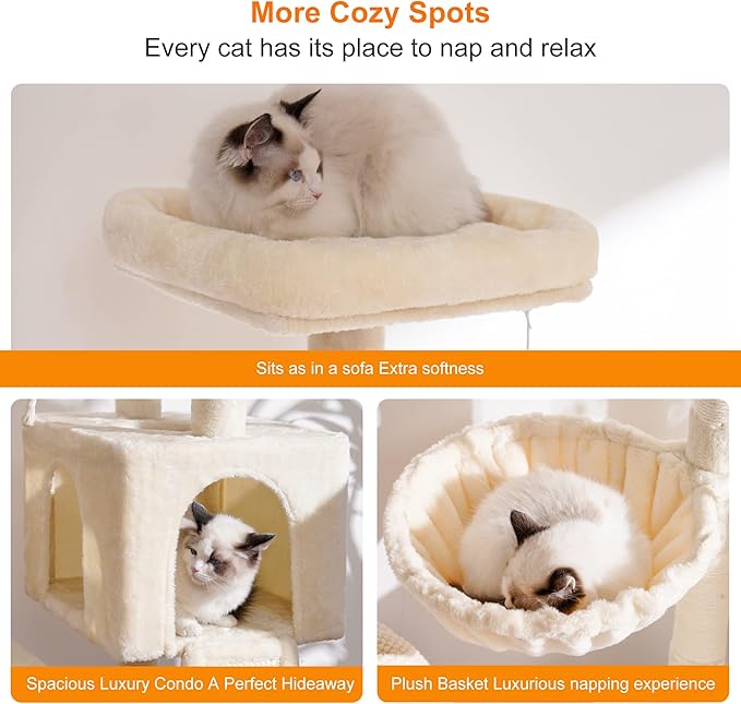 Heybly Cat Tree, Cat Tower for Indoor Cats with Scratching Board, Multi-Level Cat Furniture Condo with Feeding Bowl, Beige HCT010MM