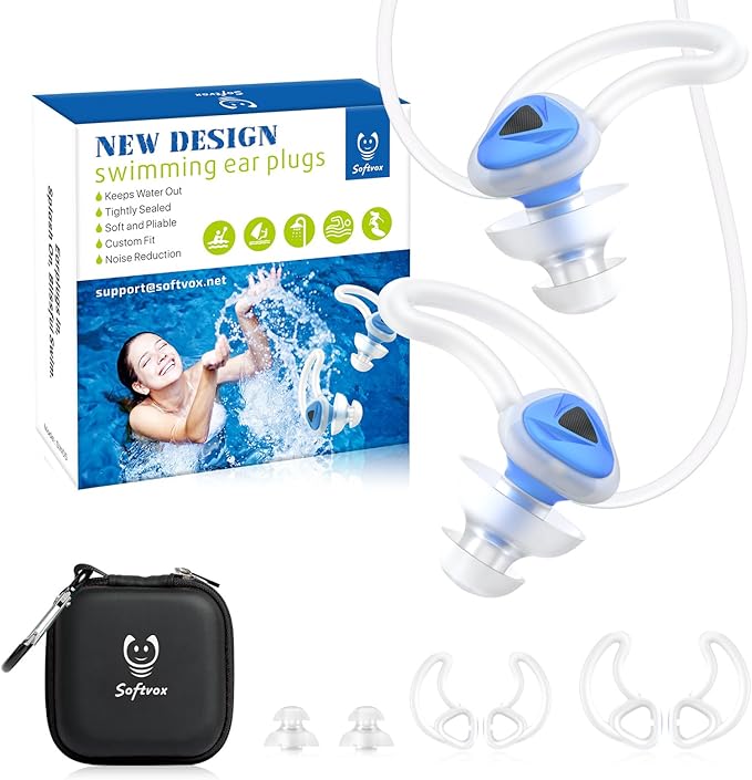 Ear Plugs for Swimming Surfing with Lanyard, Block Out Water Let Sound in, Reusable Comfy Custom-fit Swim Waterproof earplugs Men Women for Swimmer Shower Pool Bath Water Sports