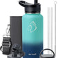BUZIO 32 oz Water Bottle Insulated with Straw & 3 lid and Carrying Pouch, Leak Proof Anti-Slip Stainless Steel Water Flask Jug, Cold for 48 Hrs Double Vacuum Thermo Canteen, BPA-Free, Caribbean Blue