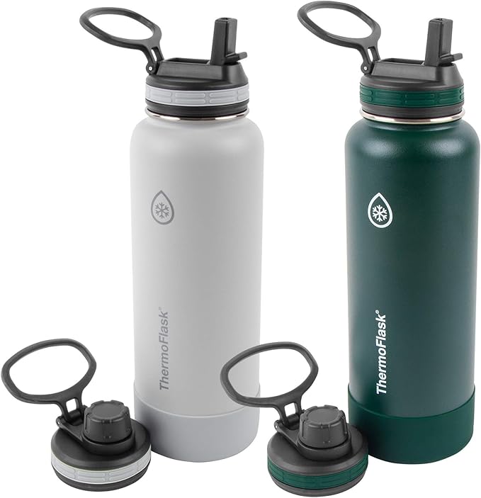 ThermoFlask Bottle with Spout Lid - Stainless Steel Water Bottles with Double-Wall Insulation & BPA-Free Spout Lids - Leak-Proof Reusable Bottles & Lids - 40 oz, Gray Pine (2 Pack)