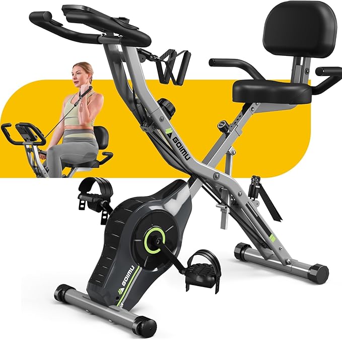 Exercise Bike, 5 in 1 Foldable Stationary Bike for Seniors, 16-Level Adjustable Magentic Resistance, Indoor Workout Bike with 330LB Capacity, Comfortable Seat Backrest X-bike