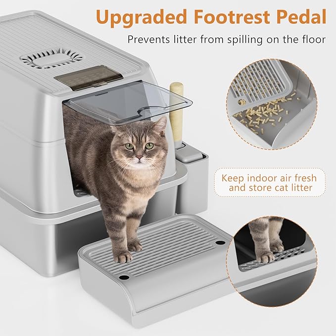 Stainless Steel Cat Litter Box with Lid, XL Extra Large Litter Box for Big Cats, Enclosed Removable Metal Litter Boxs with High Sided Enclosure & Scoop, Anti-Leakage, Non-Sticky, Easy Cleaning(Grey)