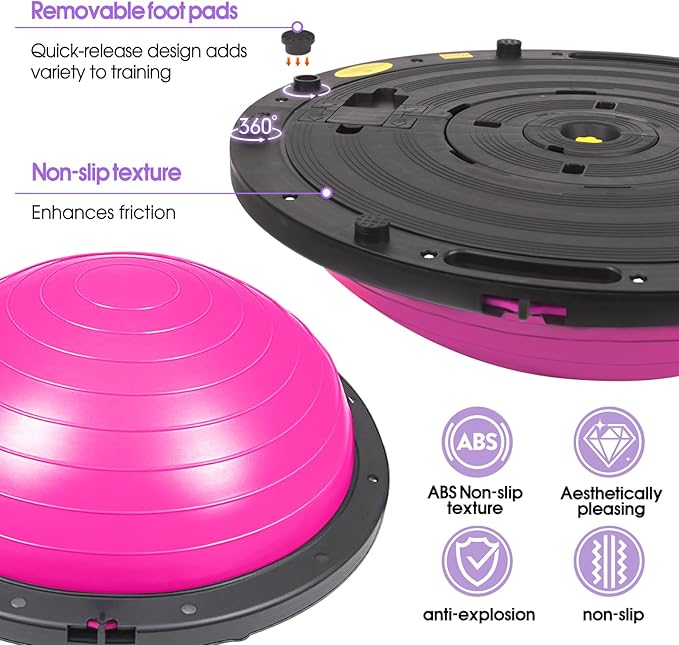 Half Balance Ball Trainer with Resistance Bands, Pink, Exercise Ball for Yoga and Stability Training