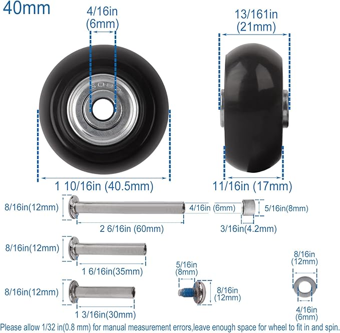 Luggage Wheel Replacement Set,40mm x 18mm Set of 4 Luggage Suitcase Replacement Wheels, Rubber Swivel Caster Wheels Bearings Repair Kits