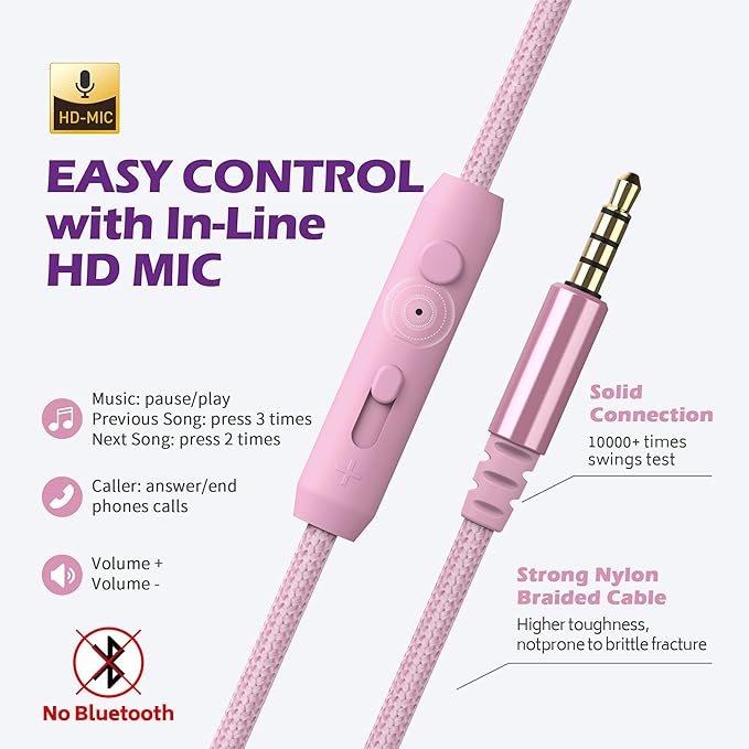 AILIHEN C8 Girls Headphones, On-Ear Headphones Wired with Microphone and Volume Control Foldable Corded Stereo 3.5mm Headset for Girls School Chromebook Laptop Computer PC Tablets Travel (Purple Pink)