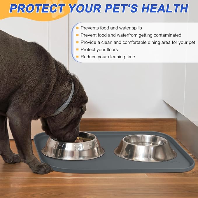 Silicone Pet Feeding Mat with Raised Edge for Food and Water, Dog Bowl Mats, Cat Bowls Placemat with High Lip for Floor Waterproof, Rubber Tray for Cats and Dogs 22 x 14 x 0.8 Dark Grey