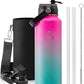 BUZIO Stainless Steel Water Bottle, 40oz Vacuum Insulated Double Wall Leak Proof Sports Water Bottle with Straw Lid and Flex Cap for Gym Travel Camping, Rose and Green