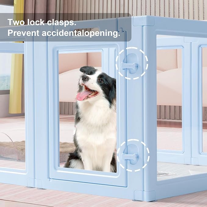 DIY Clear Acrylic Dog Playpen House,Quick Easy Assembly and Disassembly,Strong Floor Suction,Indoor and Outdoor Use,Easy Cleansing Puppy Fence (Sky Blue, 23.6" H, 12PCS)