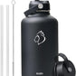 BUZIO 40oz Insulated Water Bottle, Triple Wall Vacuum Stainless Steel Water Flask with 2 lids, Lead-Free BPA-Free Straw Lid Sports Canteen Jug, Cold 48H & Hot 24H- Black