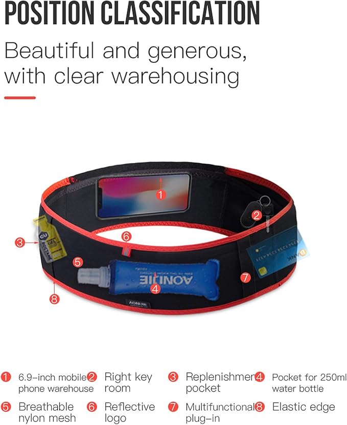 AONIJIE Hydration Belt Running Fanny Pack, with 250ml Soft Water Bottle Flask Phone Holder for Trailing Running Climbing Jogging Cycling Workout Fitness 3 Colors (Red, M/L)