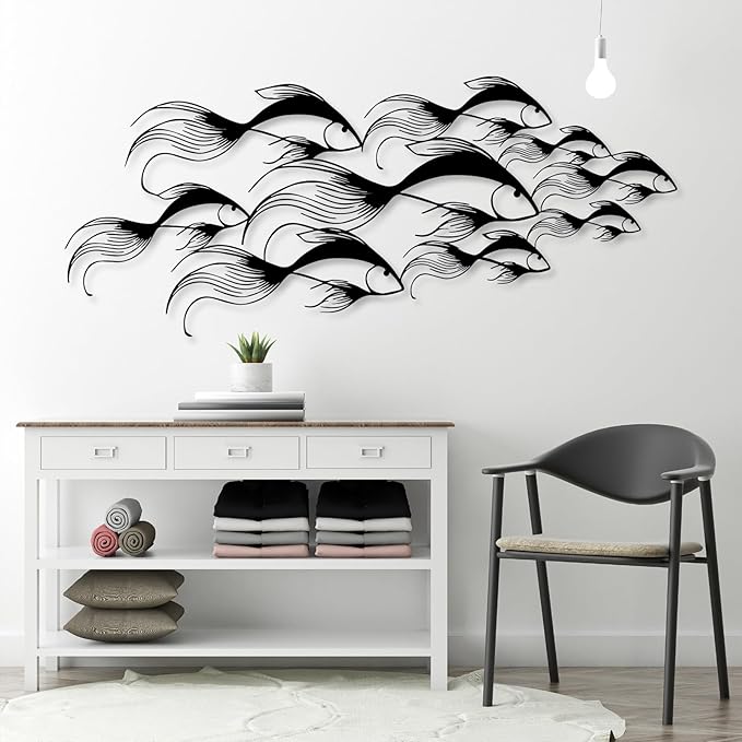 School of Fish Metal Wall Art, Metal Fish Wall Decor, Sea Life Wall Art, Large Nautical Wall Hanging, Modern Beach House Wall Decor, Ocean Themed Artwork for Bathroom (Silver, 48"x20" | 121x51cm)