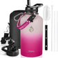 Insulated Water Bottle 64 oz, Triple Wall Vacuum Stainless Steel (Cold for 48 Hrs), Leak Proof & Non-BPA, Half Gallon Water Flask Jug with Paracord Handle & Straw Spout Lids, Ombre Pink