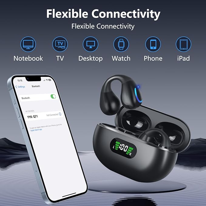 Open Ear Bone Conduction Headphones Bluetooth 5.3 Wireless Clip On Earbuds with Digital Display Charging Case 60 Hours Playtime Sport Earphones Built-in Mic IPX7 Waterproof for Running Fitness Black
