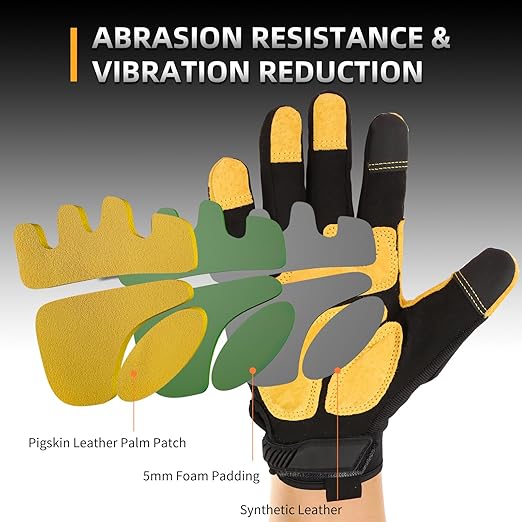 JUMPHIGH Safety Work Gloves, Synthetic Leather Impact-Resistant Heavy Duty Mechanic Gloves, Sensitive Touch Screen, Flexible Grip Gloves for Work (L)