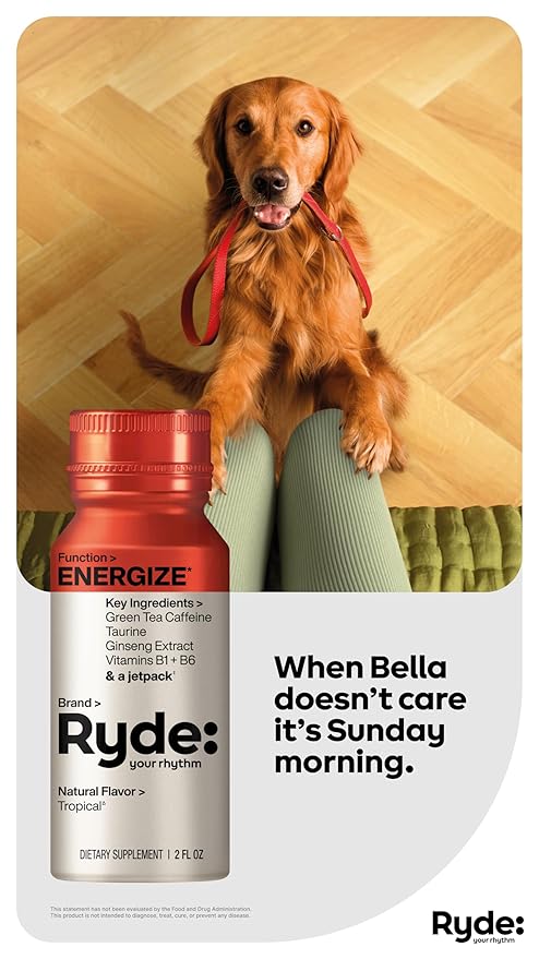 Ryde: Energize Shot | Tropical Flavor | Green Tea Caffeine, Taurine, Ginseng Extract & B Vitamins | 0 Calories, 0 Sugar | 2 FL OZ Shots | Boosts energy* (24 Pack)