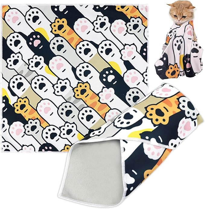 Cat Grooming Wrap, Cat Wrap Self-Adherent, Anti-Scratch Anti-Bite, Anti-Escape Grooming Bag for Cats Nail Clipping, Ear Cleaning, and Teeth Brushing (27.6 × 27.6" Paw Prints)