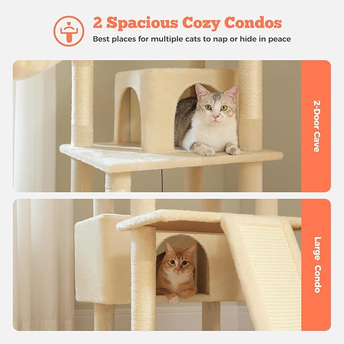 Large Cat Tree for Big Cats & Multi-Cat Homes, 81 Inch Tall Cat Tower with Sturdy Metal Hammock, 6 Sisal Scratching Posts, 2 Cozy Condos, 2 Top Perches - Multi-Level Cat Tower, Beige