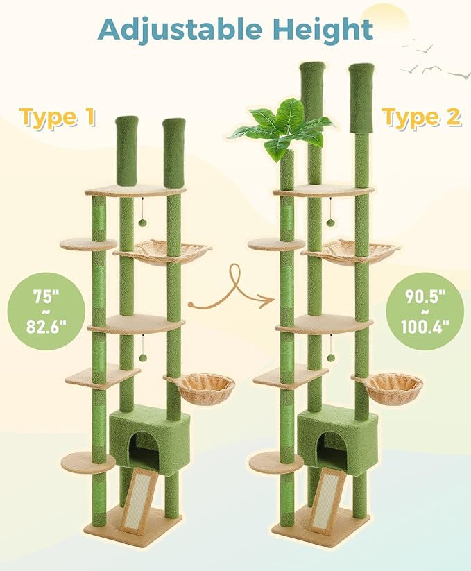 PEQULTI Tall Cat Tree, Floor to Ceiling Cat Tree Tower Adjustable [90.5''-100.4''=230-252CM] with Cat Condo, Cat Hammock and Scratching Post, Climbing Tree for Indoor Large Cats, Green