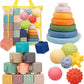 Montessori Toys for Babies,Soft Stacking Building Blocks Rings Balls Sets,3 in 1 Baby Toy Bundle,Sensory Toy for 6-12 Months, Soft Teething Toys for Babies,Baby Gifts for Boy Girl