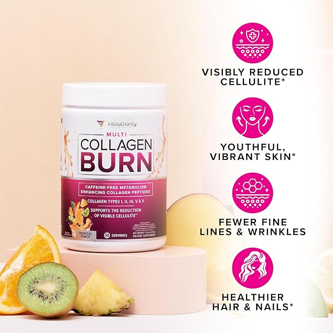 Hydrolyzed Collagen Peptides Powder for Women - Slimming MultiCollagen Burn Ultimate Beauty Complex with Hyaluronic Acid Vitamin C & Types I II III V and X for Women Tropical Punch 30 Servings