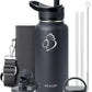 BUZIO 32 oz Water Bottle Insulated with Straw & 3 lid and Carrying Pouch, Leak Proof Anti-Slip Stainless Steel Water Flask Jug, Cold for 48 Hrs Double Vacuum Thermo Canteen, BPA-Free, Black
