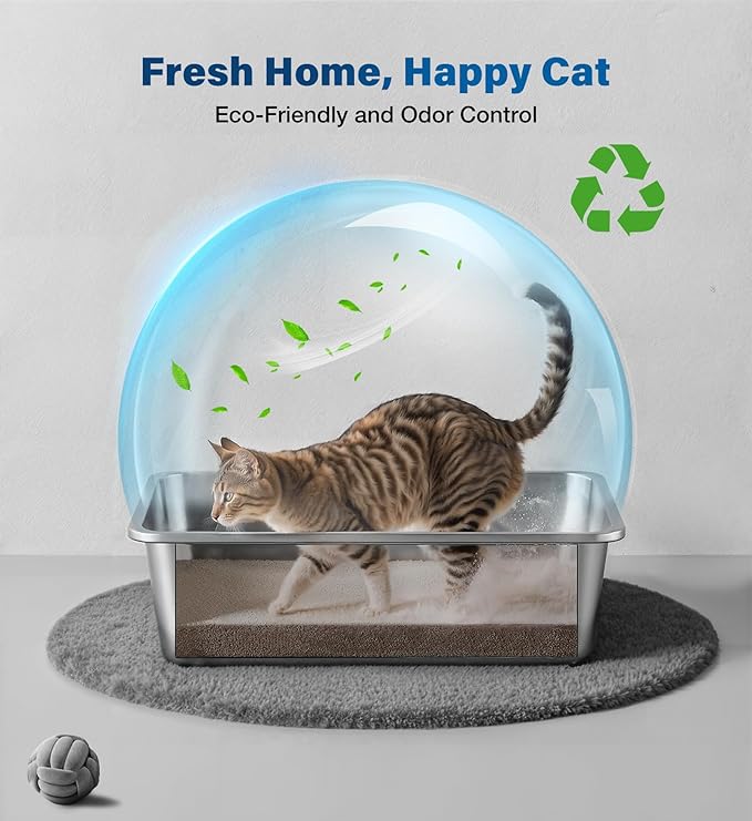Stainless Steel Litter Box with Handle, Large Metal Cat Litter Box with High Sided for Big and Small Cats, Kitty Litter Boxes, Non-Stick, Easy to Clean, Odor-Free, Cat Toilet，Litterbox