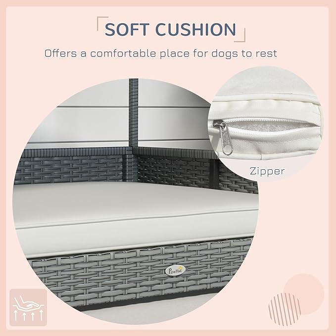 PawHut Wicker Dog House Outdoor with Canopy, Rattan Dog Bed with Water-Resistant Cushion, Raised Dog Bed for Small, Medium Dogs up to 66 lbs, 19.75" in Length, Silver Wicker, White Cushion