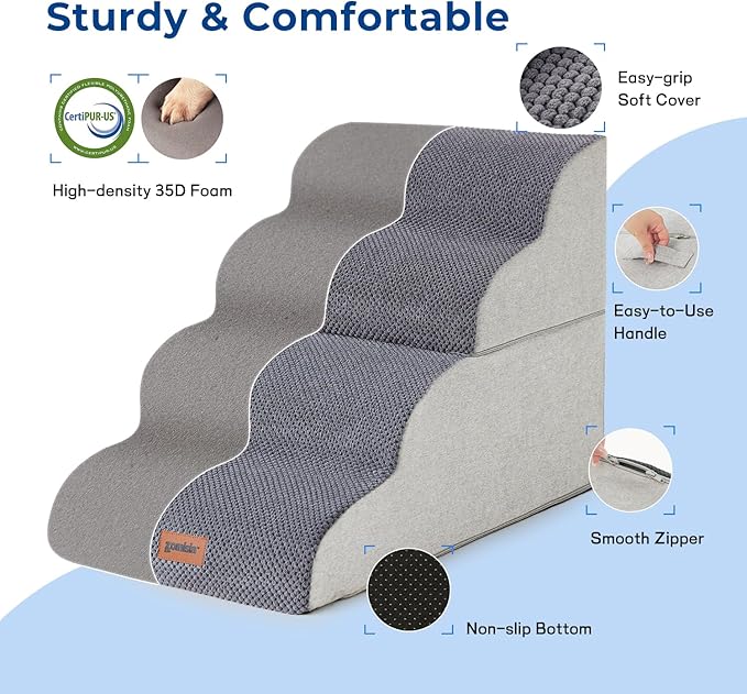 Dog Stairs Ramp for Bed 19.7" H - Pet Stairs Steps for Small to Medium Dogs to Get on Bed and Couch, 35D Foam with Non-Slip Bottom Brown, 4 Steps