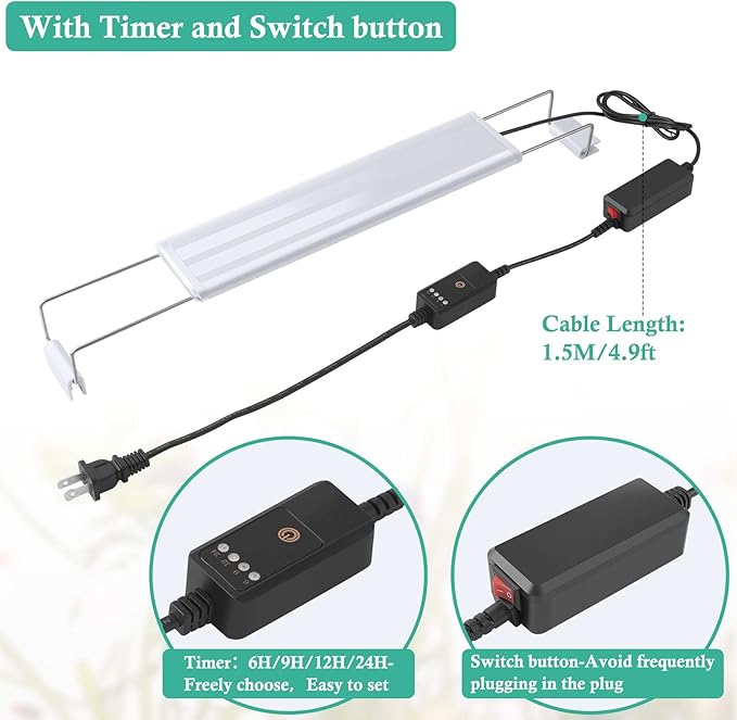 HITOP Full Spectrum LED Aquarium Light – 12” 16” 24” 32” Classic Fish Tank Light with RGB LEDs, with Timer and Stable Extendable Brackets (12-20in)