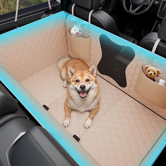 Waterproof Dog Car Seat Cover for Back Seat – Heavy Duty Back Seat Extender for Dogs with Hard Bottom, 7-Layer Protection, Non-Slip & Scratchproof, Easy to Install (Beige)