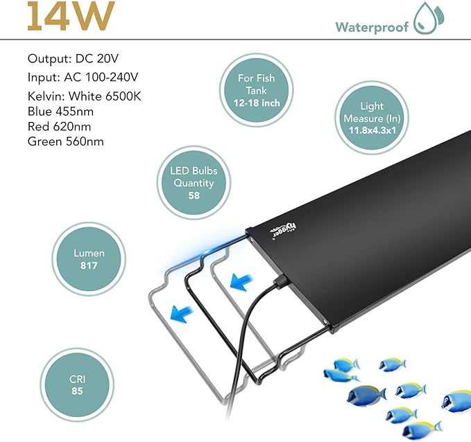 hygger Fish Aquarium LED Light, 14W 24/7 Lighting Sunrise-Daylight-Moonlight Mode DIY , Adjustable Timer/Brightness with Extendable Bracket 7 Colors for Planted Tank