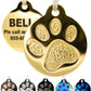 Engraved Pet Tag for Dogs and Cats - Personalized Front & Back up to 4 Lines of Text Custom Engraved ID, Round Paw Print Solid Plating Stainless Steel Gold Small