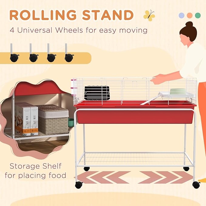 PawHut Two-Story Small Animal Cage Removable from Stand, Guinea Pig Cage with Shelf & Wheels, Pet Habitat for Hedgehog, Chinchilla, Ferret, 39" x 20.5" x 36.5", Red